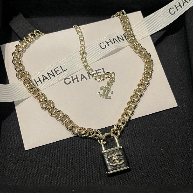 18K CC Black Leather Gold Lock Necklace
