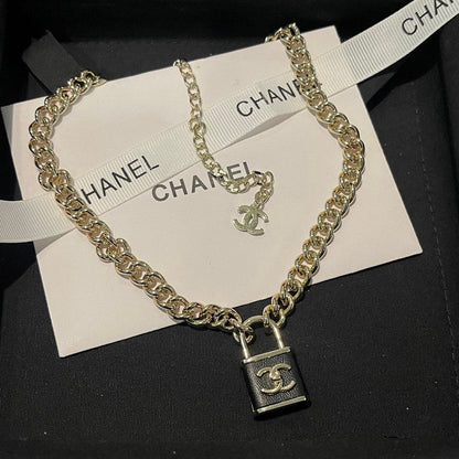 18K CC Black Leather Gold Lock Necklace