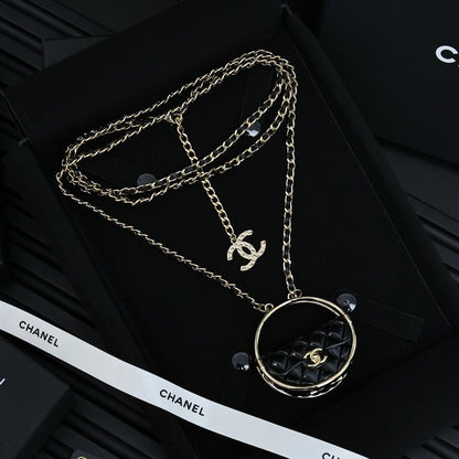 18K CC Black Bag Long Leather Necklace