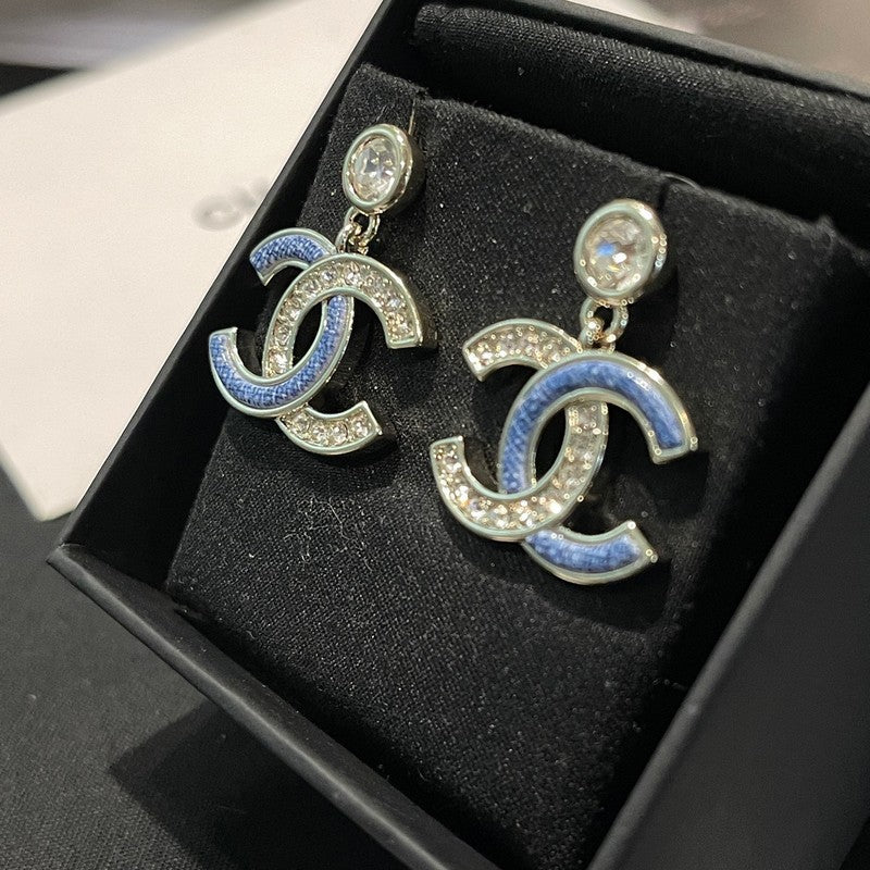 18K CC Blue Diamond Pendant Gold Earrings