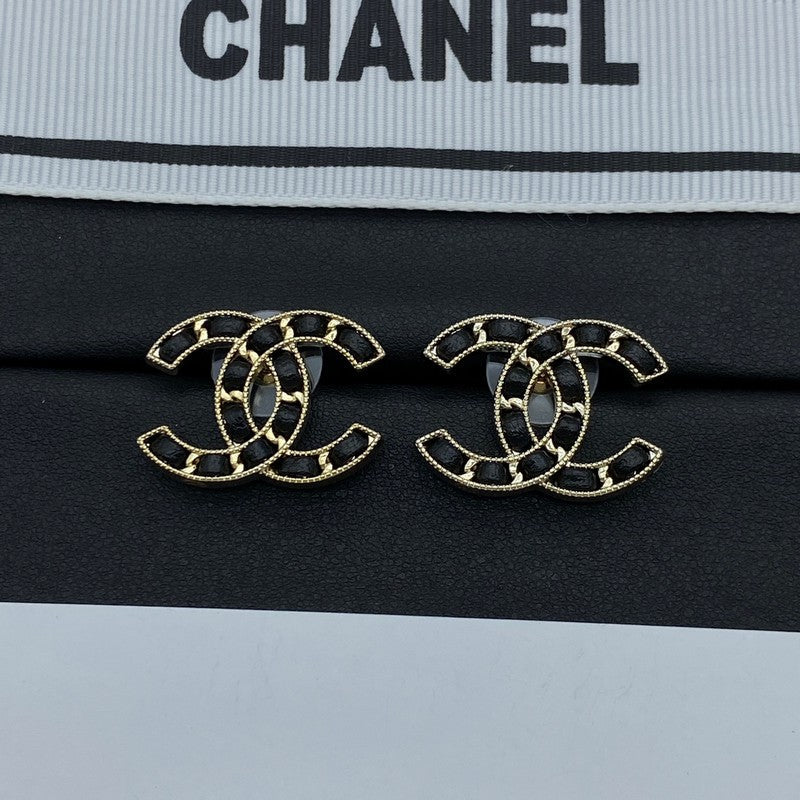 18K CC Black Leather Gold Earrings