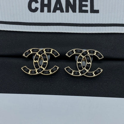 18K CC Black Leather Gold Earrings