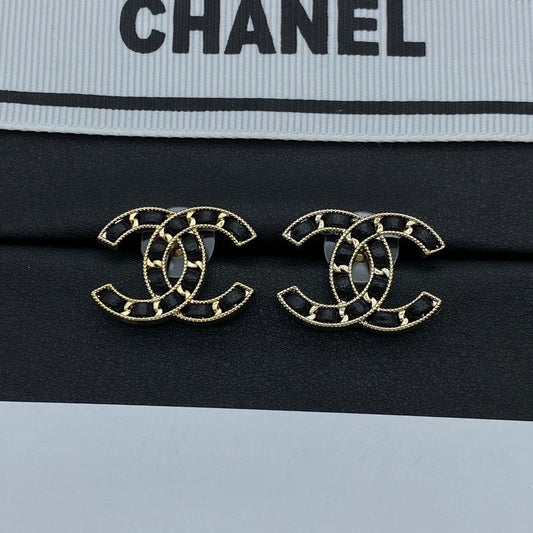 18K CC Black Leather Gold Earrings