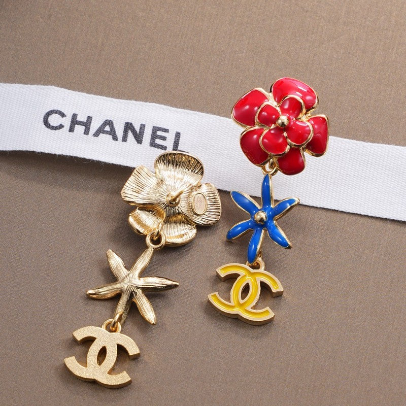 18K CC Blue & Red Flower Gold Earrings