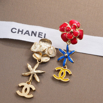 18K CC Blue & Red Flower Gold Earrings