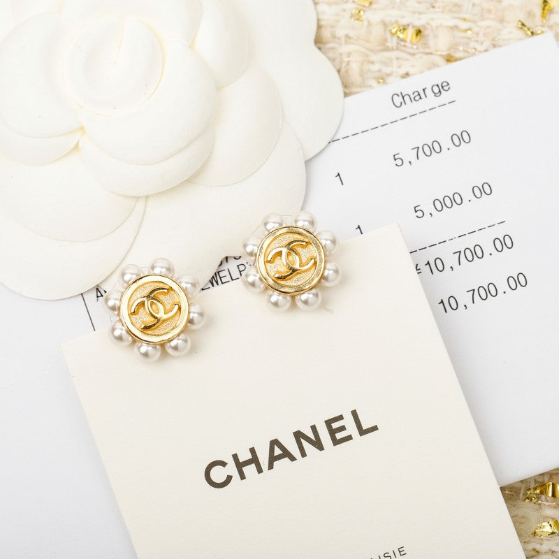 18K CC Pearl Gold Earrings