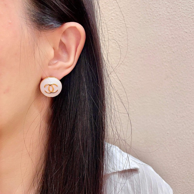 18K CC Black & White Round Gold Earrings