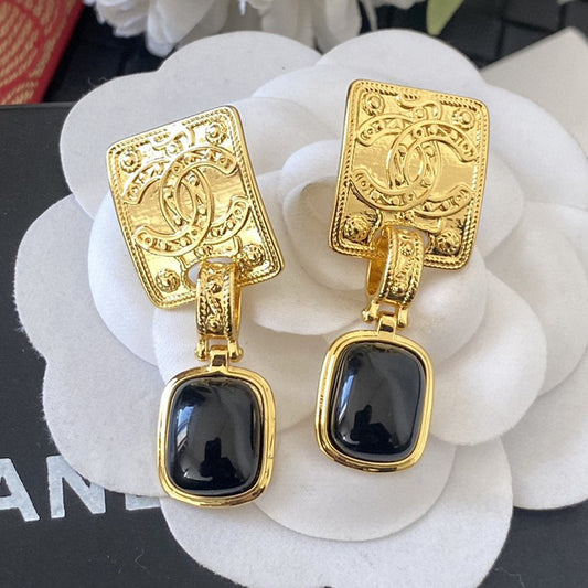 18K CC Black Crystal Earrings