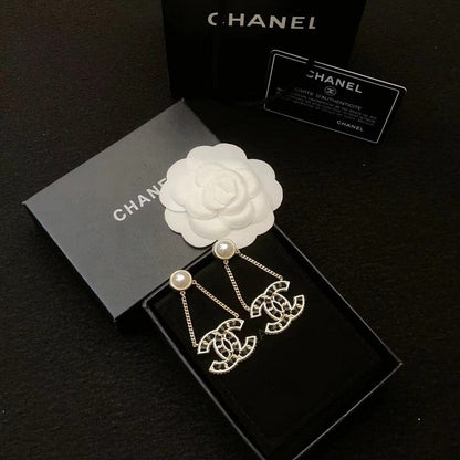 18K CC Pearl Gold Chain Earrings