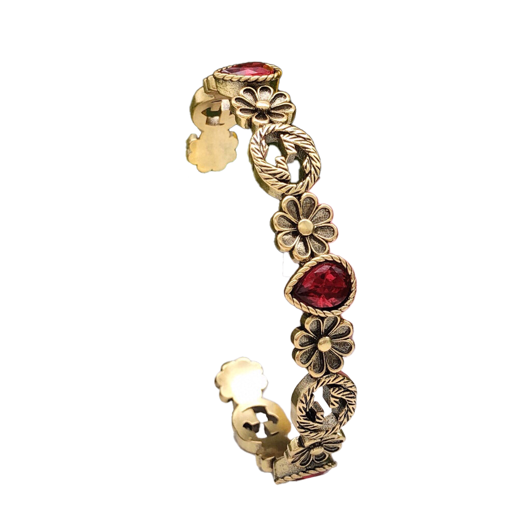 18K Double G Flowers Red Crystals Open Cuff Bracelet