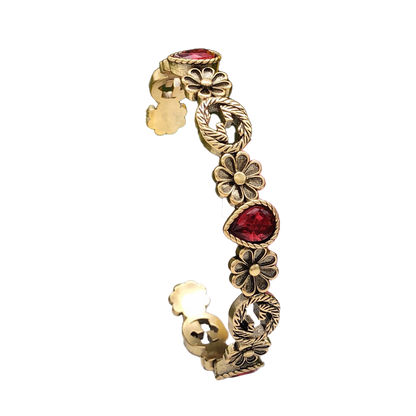 18K Double G Flowers Red Crystals Open Cuff Bracelet
