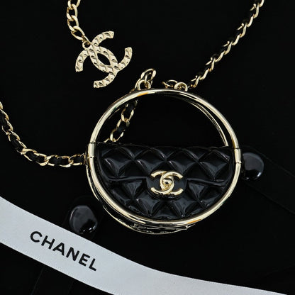18K CC Black Bag Long Leather Necklace