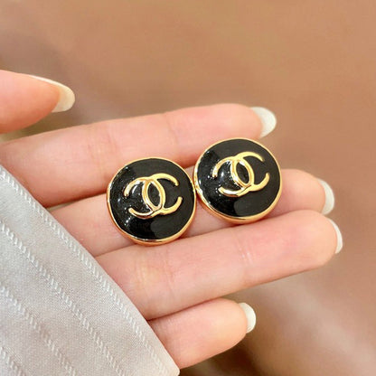 18K CC Black & White Round Gold Earrings