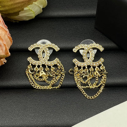 18K CC Pearl Chain Link Earrings