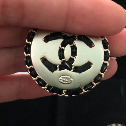 18K CC Leather Round Earrings