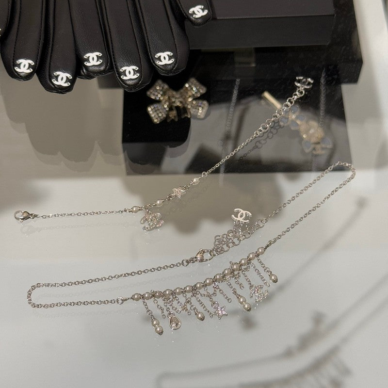 18K CC 26C Pearl Diamond Tassel Choker Necklace