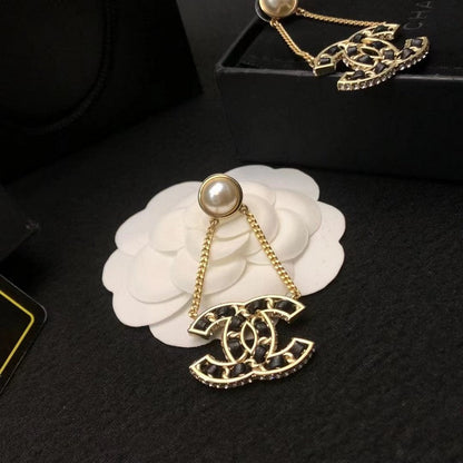 18K CC Pearl Gold Chain Earrings