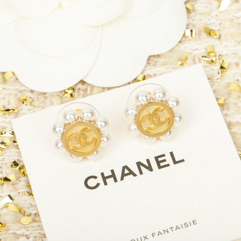 18K CC Pearl Gold Earrings