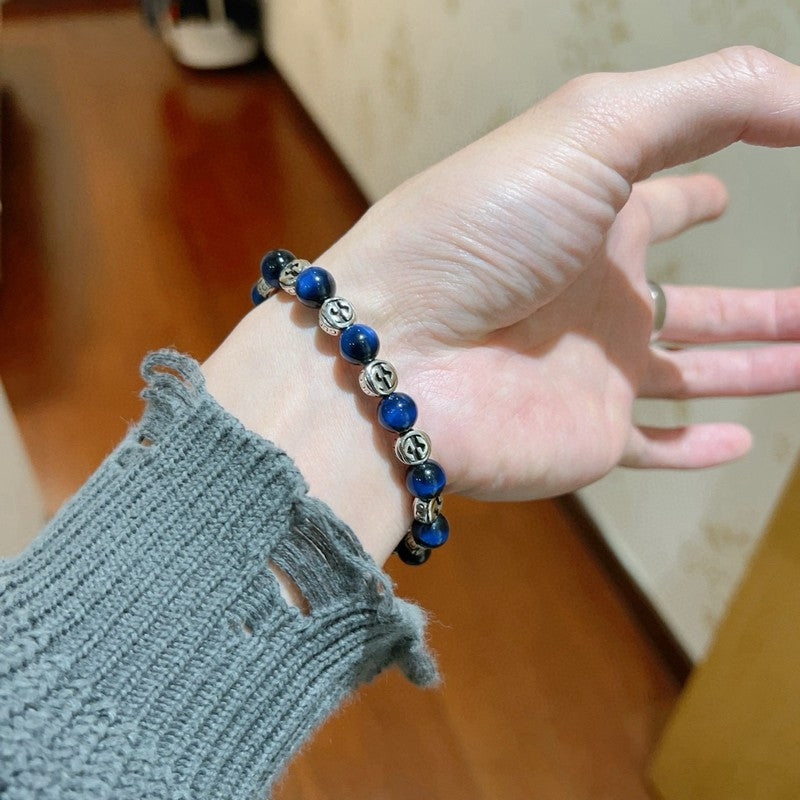 18K GG Anger Forest Blue Tiger's Eye Bead Chain Bracelet