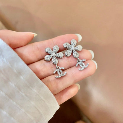 18K CC Diamond Flower Gold Earrings