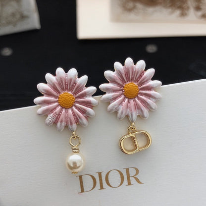 18K CD Pink Sun Flower Pearl Earrings