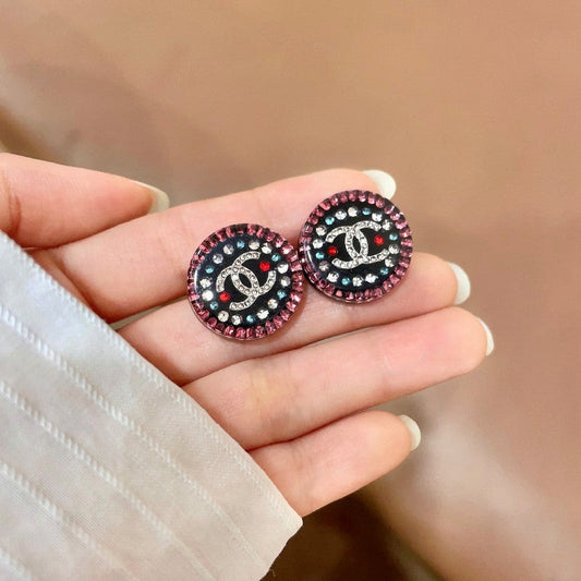 18K CC Red & Blue Crystal Round Earrings