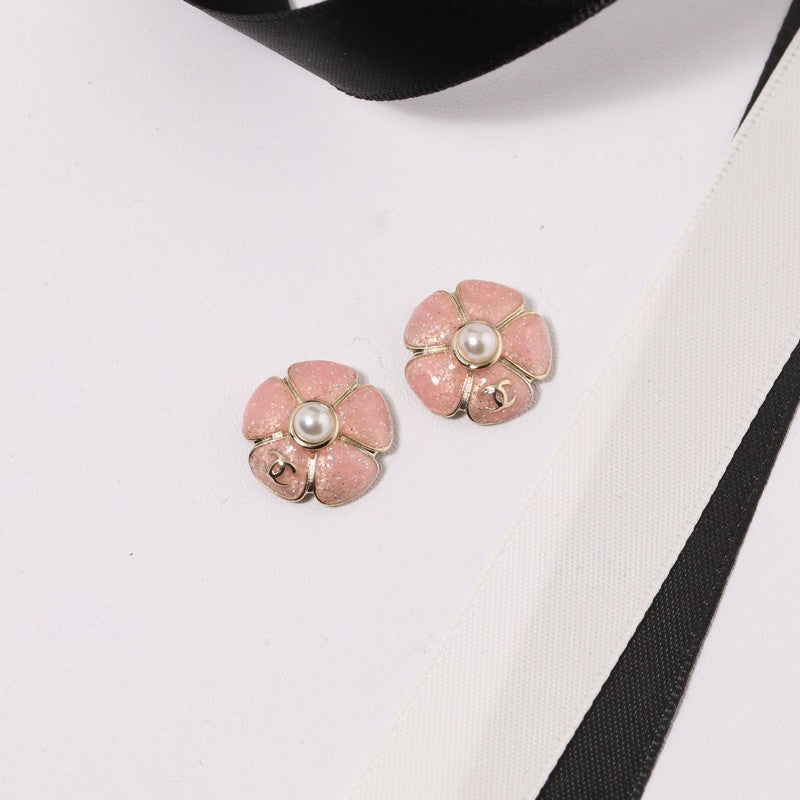 18K CC Black & Pink Camellia Earrings