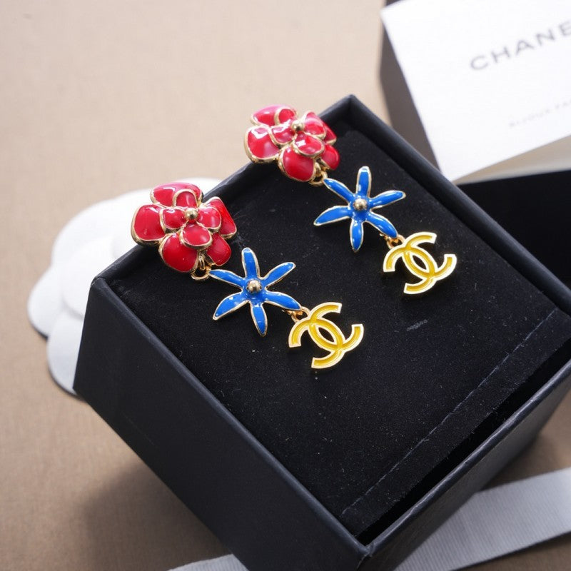 18K CC Blue & Red Flower Gold Earrings