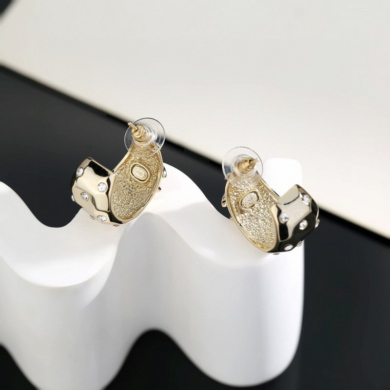 18K CC Half Circle Diamond Gold Earrings