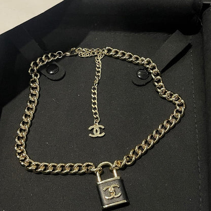 18K CC Black Leather Gold Lock Necklace