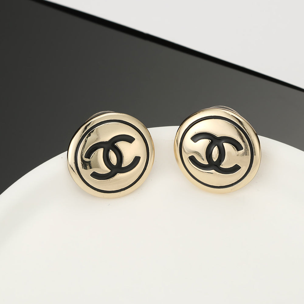 18K CC Black Button Earrings