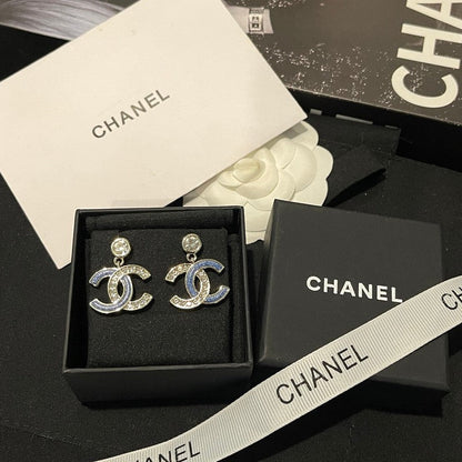 18K CC Blue Diamond Pendant Gold Earrings