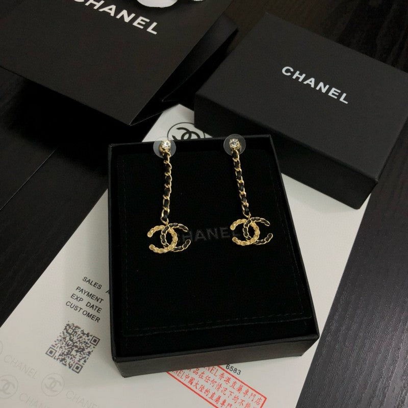 18K CC Leather Gold Long Earrings