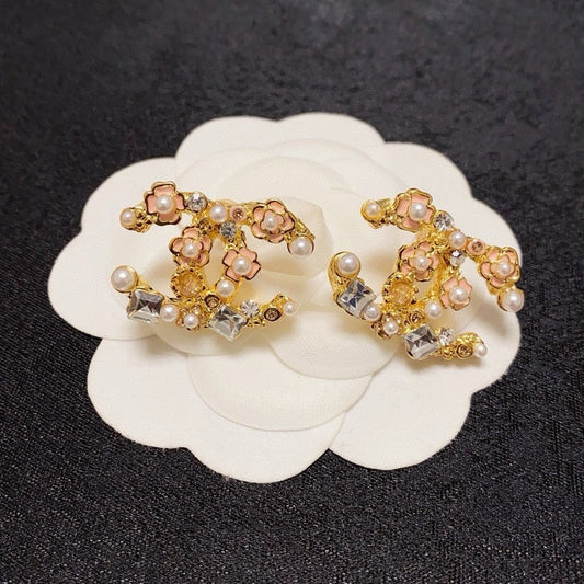 18K CC Pink Camellia Pearl & Gold Earrings