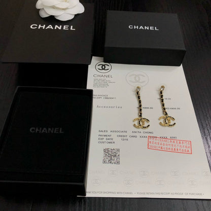 18K CC Leather Gold Long Earrings