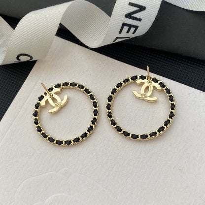 18K CC Black Leather Circle Earrings