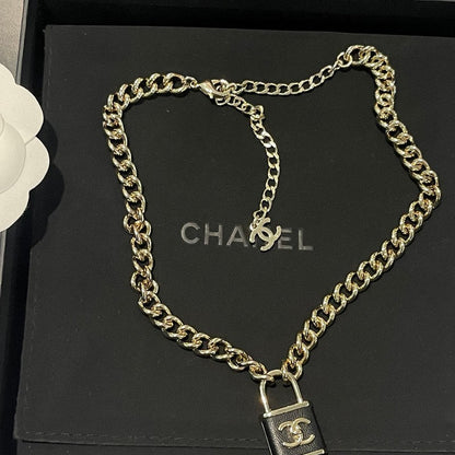 18K CC Black Leather Gold Lock Necklace