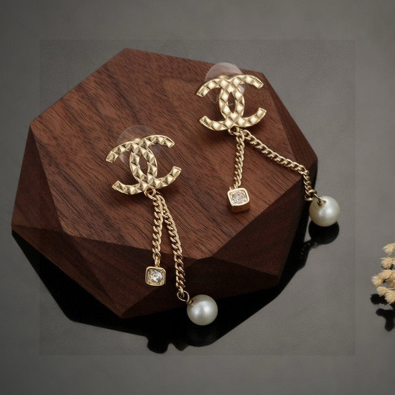 18K CC Long Pearl Pendant Earrings