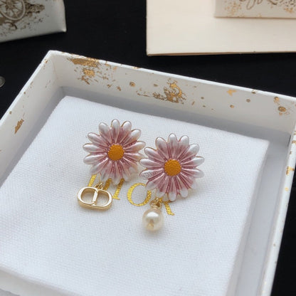 18K CD Pink Sun Flower Pearl Earrings