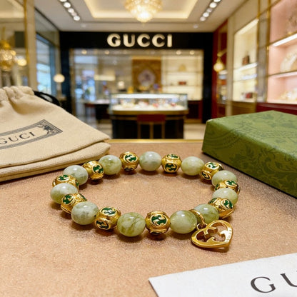 18K GG Anger Forest Green Bead Gold Chain Bracelet