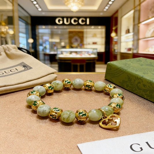 18K GG Anger Forest Green Bead Gold Chain Bracelet