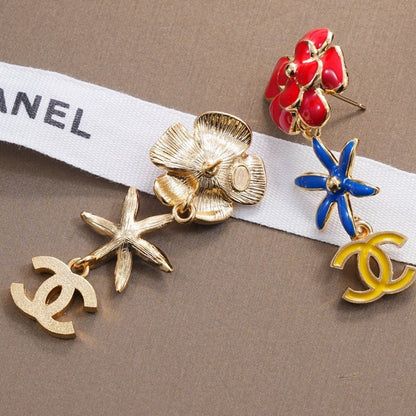 18K CC Blue & Red Flower Gold Earrings