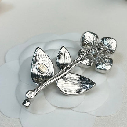 18K CC Black Four Leaf Clover Crystal Brooch