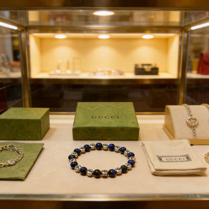 18K GG Anger Forest Blue Tiger's Eye Bead Chain Bracelet