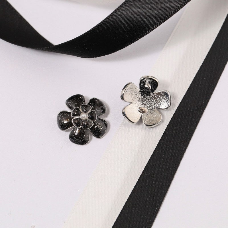 18K CC Black & Pink Flower Earrings