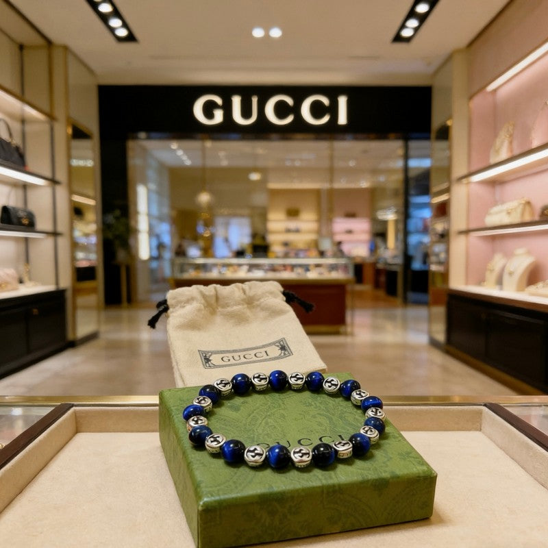 18K GG Anger Forest Blue Tiger's Eye Bead Chain Bracelet