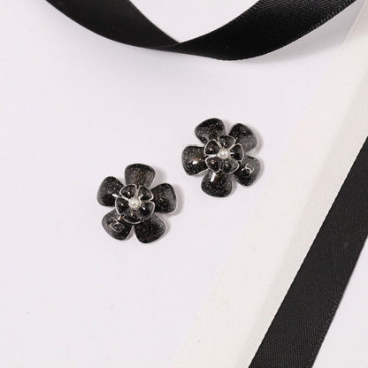 18K CC Black & Pink Flower Earrings