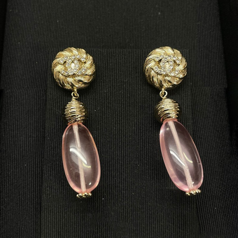 18K CC 26C Pink Crystal Gold Diamond Earrings