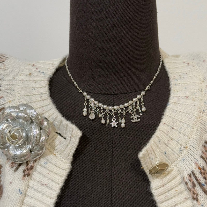 18K CC 26C Pearl Diamond Tassel Choker Necklace