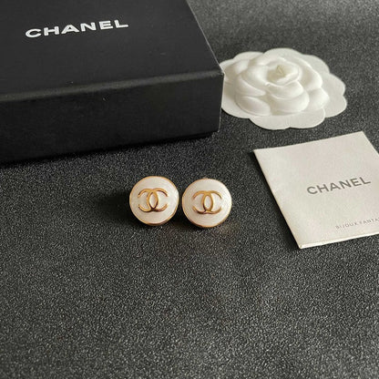 18K CC Black & White Round Gold Earrings